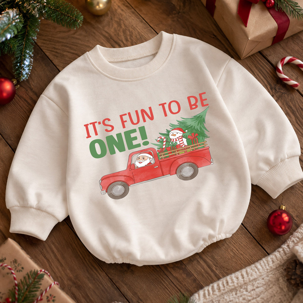 Christmas First Birthday Baby Romper, It's Fun To Be One Outfit, Santa Truck 1st Birthday Romper, Holiday Gift for Toddler — product view 5