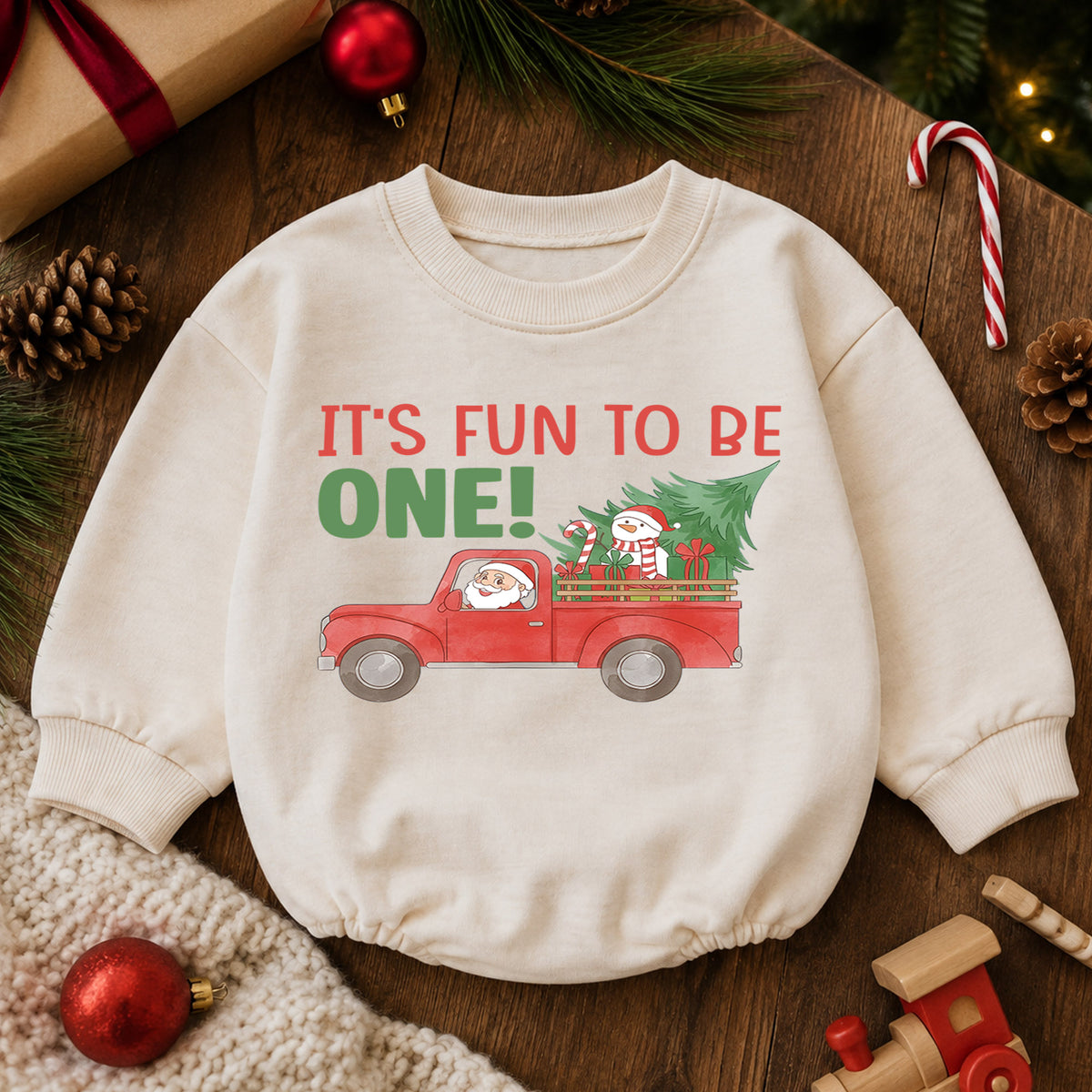 Christmas First Birthday Baby Romper, It's Fun To Be One Outfit, Santa Truck 1st Birthday Romper, Holiday Gift for Toddler — product view 6