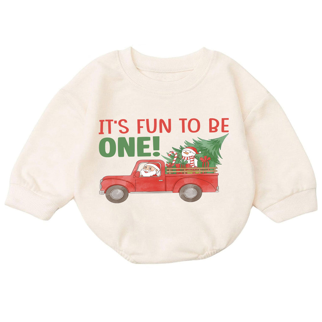 Christmas First Birthday Baby Romper, It's Fun To Be One Outfit, Santa Truck 1st Birthday Romper, Holiday Gift for Toddler — product view 7