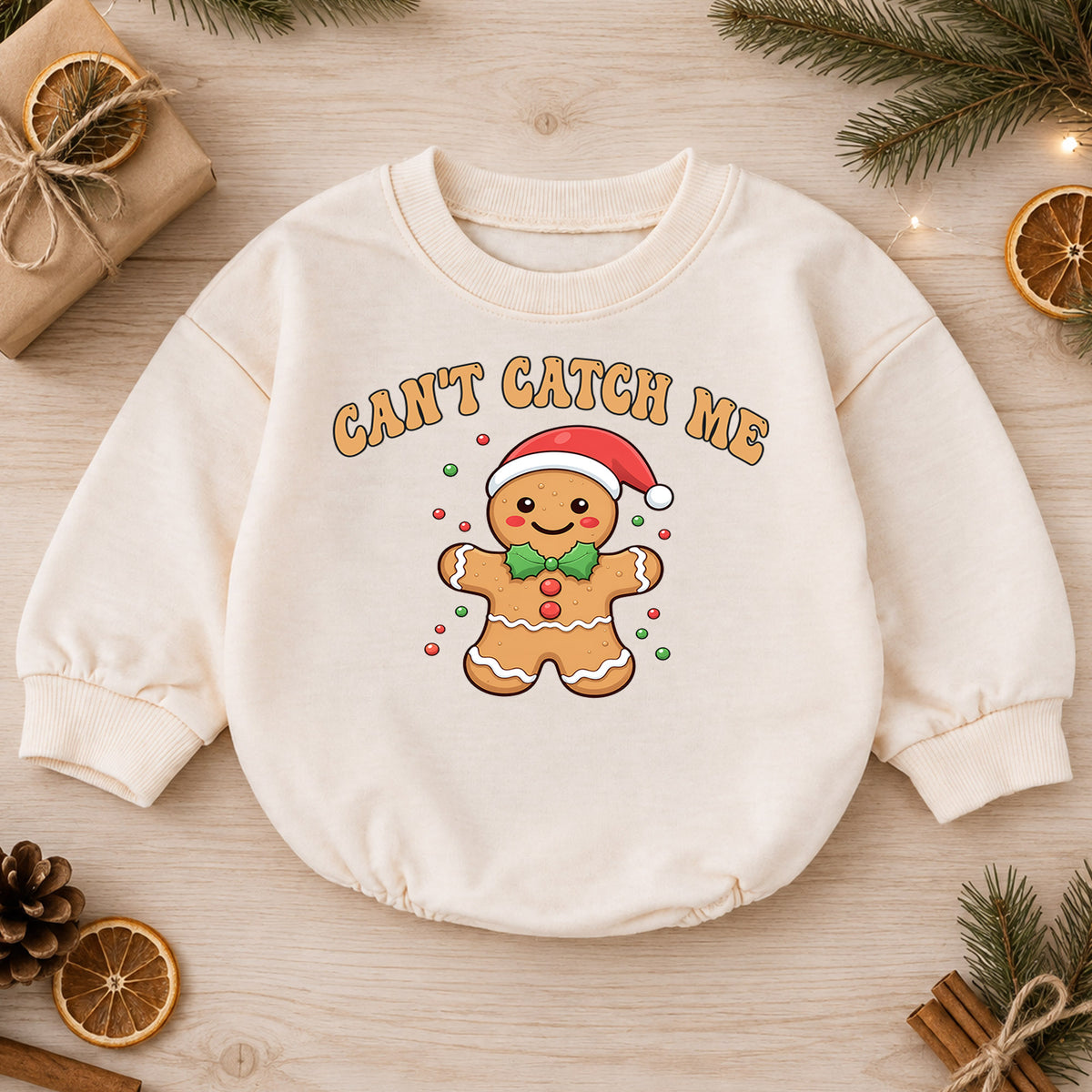 Can't Catch Me Gingerbread Baby Romper, Funny Christmas Cookie Romper, Toddler 1st Birthday Holiday Outfit, Cute Xmas Gift for Baby — product view 1