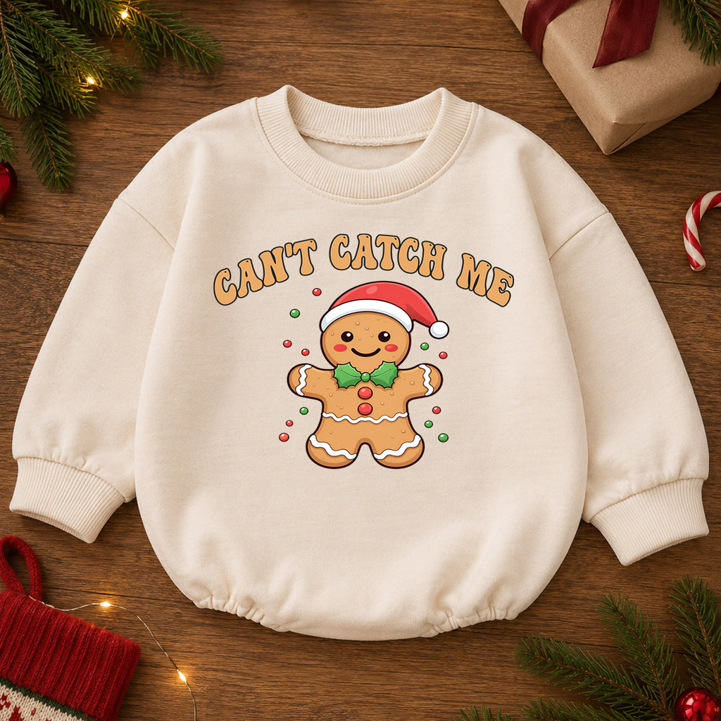 Can't Catch Me Gingerbread Baby Romper, Funny Christmas Cookie Romper, Toddler 1st Birthday Holiday Outfit, Cute Xmas Gift for Baby — product view 2