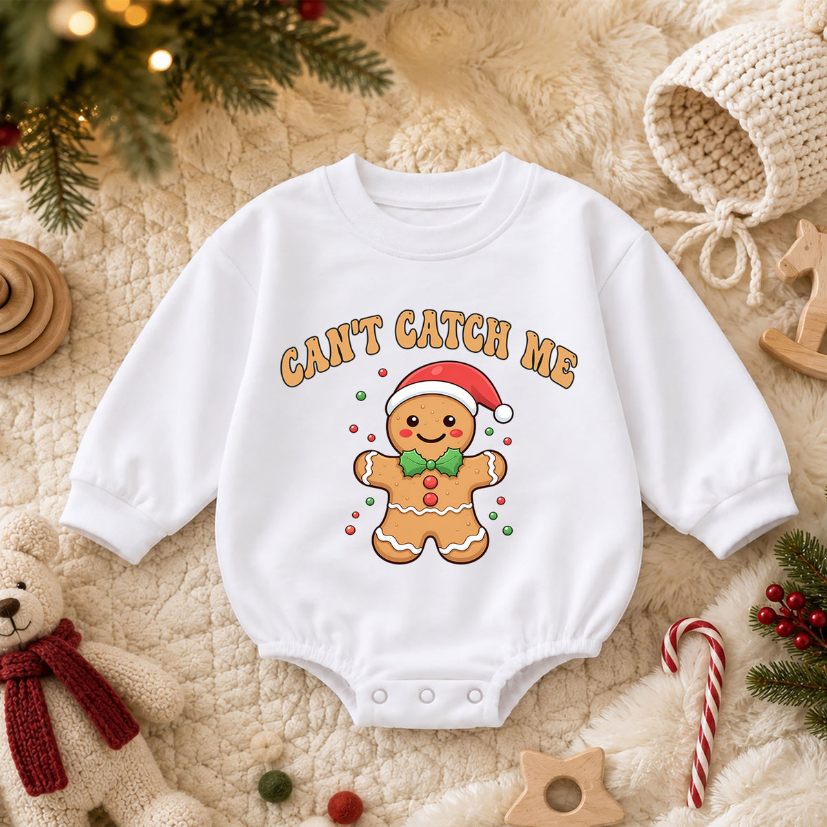 Can't Catch Me Gingerbread Baby Romper, Funny Christmas Cookie Romper, Toddler 1st Birthday Holiday Outfit, Cute Xmas Gift for Baby — product view 3