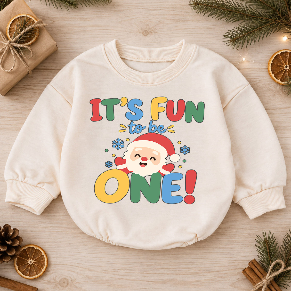 It's Fun to Be One Christmas Baby Romper, Santa 1st Birthday Outfit, Baby First Birthday Romper, Holiday Gift for Toddler — product view 1