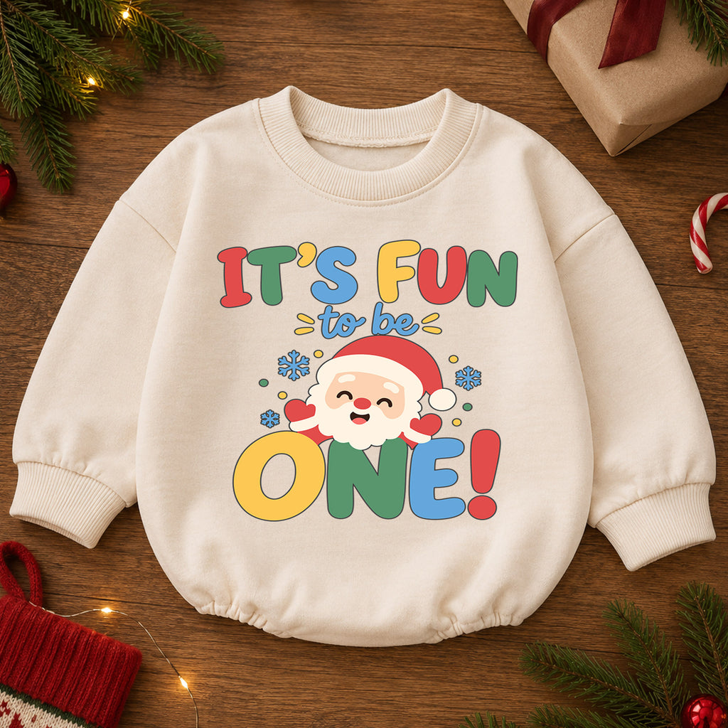 It's Fun to Be One Christmas Baby Romper, Santa 1st Birthday Outfit, Baby First Birthday Romper, Holiday Gift for Toddler — product view 2