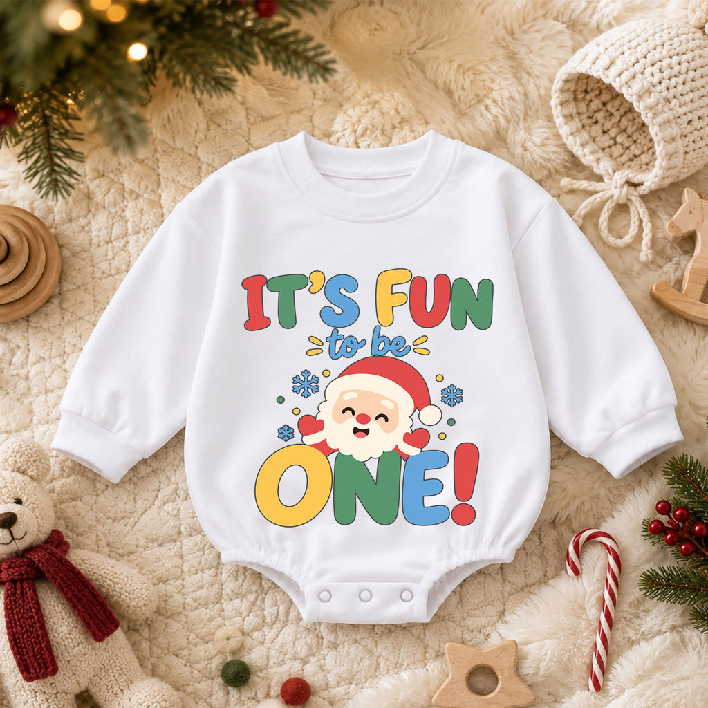 It's Fun to Be One Christmas Baby Romper, Santa 1st Birthday Outfit, Baby First Birthday Romper, Holiday Gift for Toddler — product view 3