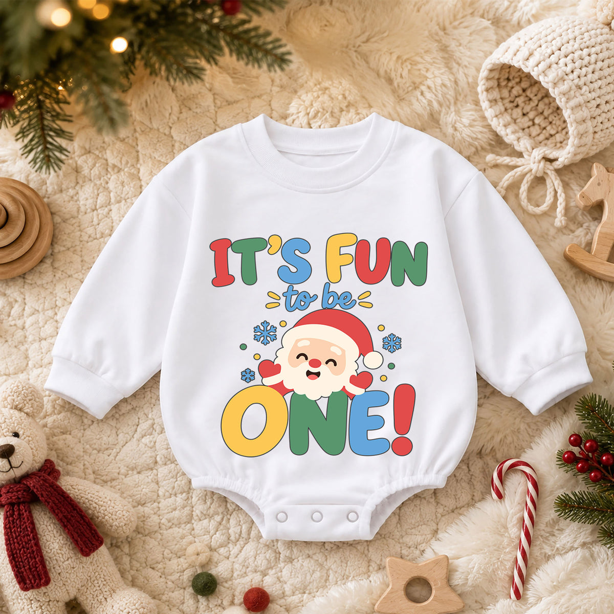 It's Fun to Be One Christmas Baby Romper, Santa 1st Birthday Outfit, Baby First Birthday Romper, Holiday Gift for Toddler — product view 3