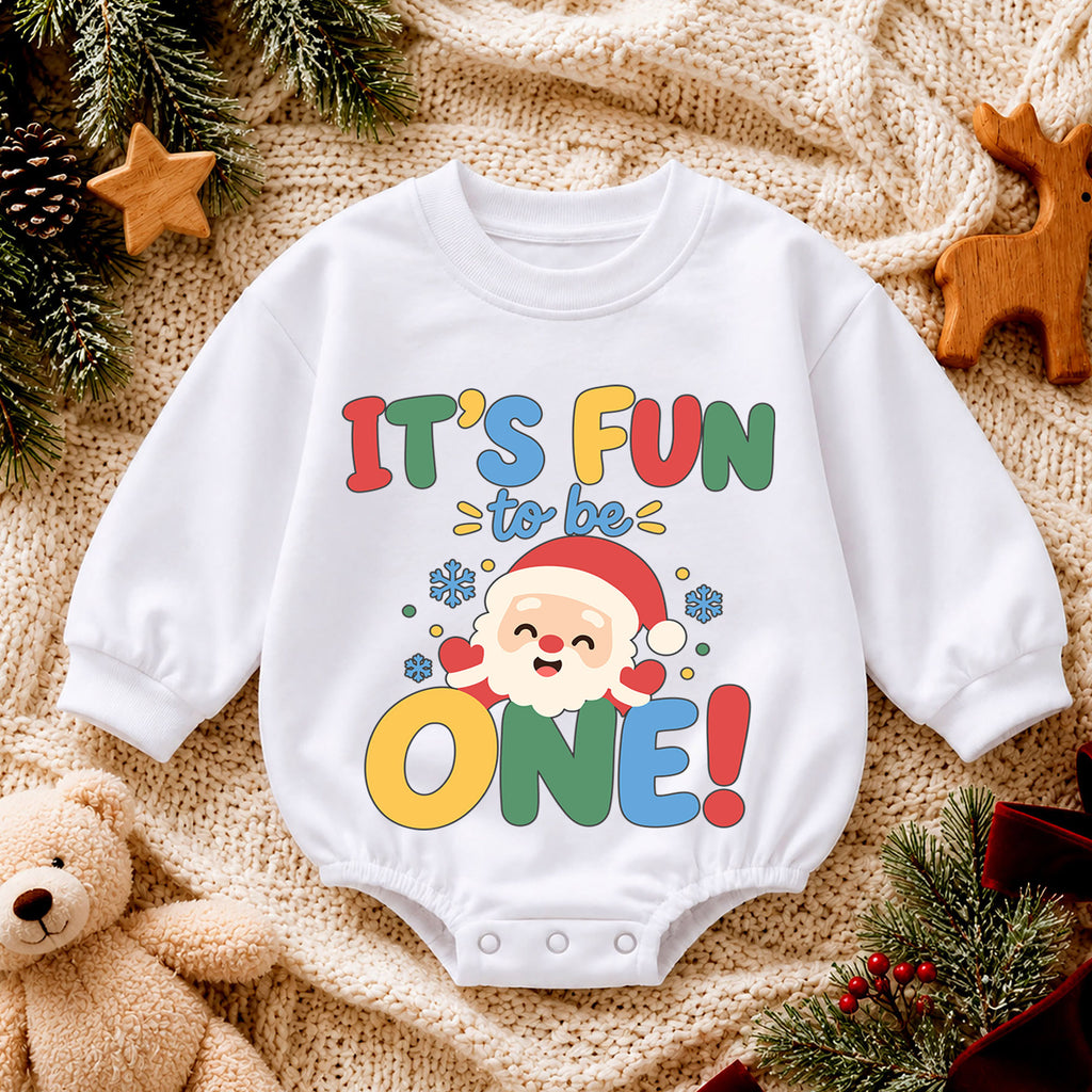 It's Fun to Be One Christmas Baby Romper, Santa 1st Birthday Outfit, Baby First Birthday Romper, Holiday Gift for Toddler — product view 4