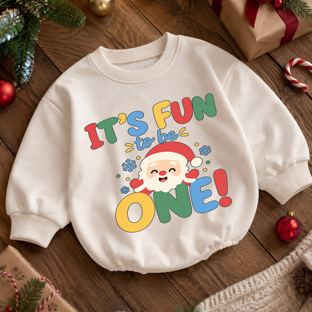 It's Fun to Be One Christmas Baby Romper, Santa 1st Birthday Outfit, Baby First Birthday Romper, Holiday Gift for Toddler — product view 5
