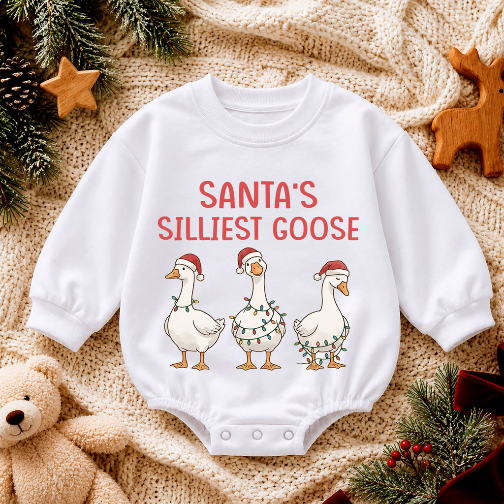 Santa's Silliest Goose Baby Romper, Funny Christmas Goose Outfit, Toddler Holiday Romper, Cute 1st Christmas Gift — product view 4