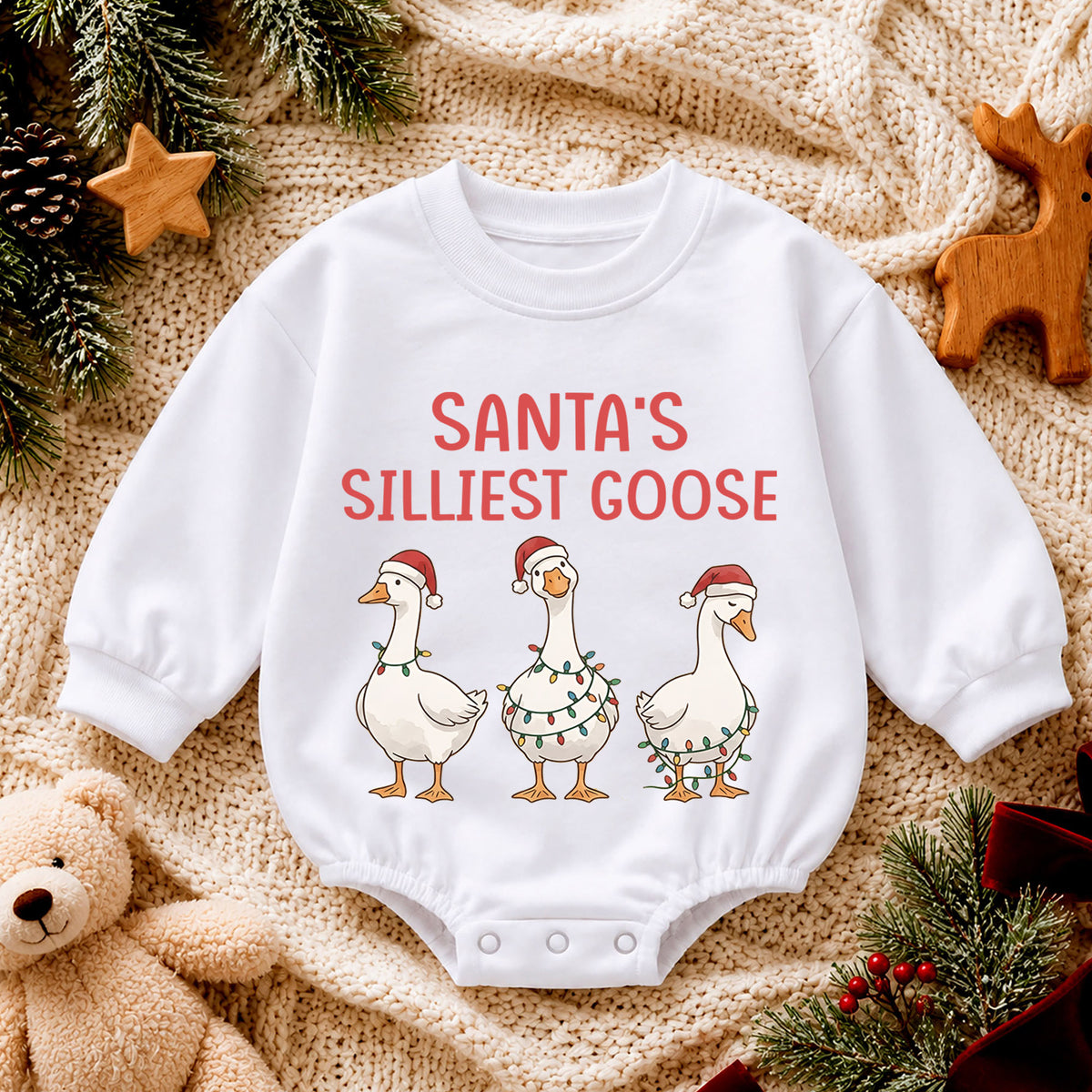 Santa's Silliest Goose Baby Romper, Funny Christmas Goose Outfit, Toddler Holiday Romper, Cute 1st Christmas Gift — product view 4