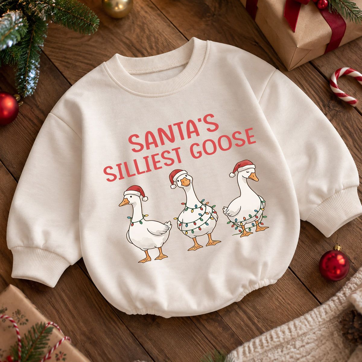 Santa's Silliest Goose Baby Romper, Funny Christmas Goose Outfit, Toddler Holiday Romper, Cute 1st Christmas Gift — product view 5