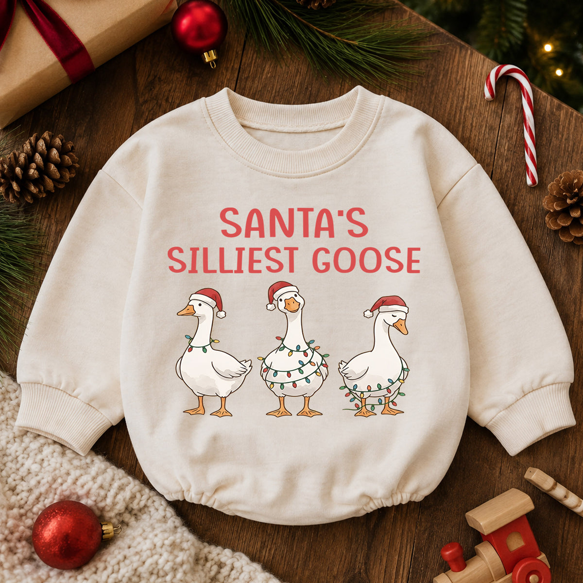 Santa's Silliest Goose Baby Romper, Funny Christmas Goose Outfit, Toddler Holiday Romper, Cute 1st Christmas Gift — product view 6