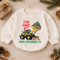 Christmas 1st Birthday Baby Romper, I'm One and Digging It Construction Outfit, Excavator Toddler Romper, Holiday Gift for Boy — product view 1