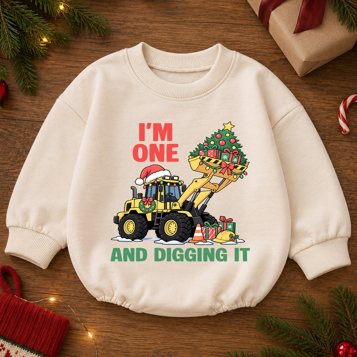 Christmas 1st Birthday Baby Romper, I'm One and Digging It Construction Outfit, Excavator Toddler Romper, Holiday Gift for Boy — product view 2