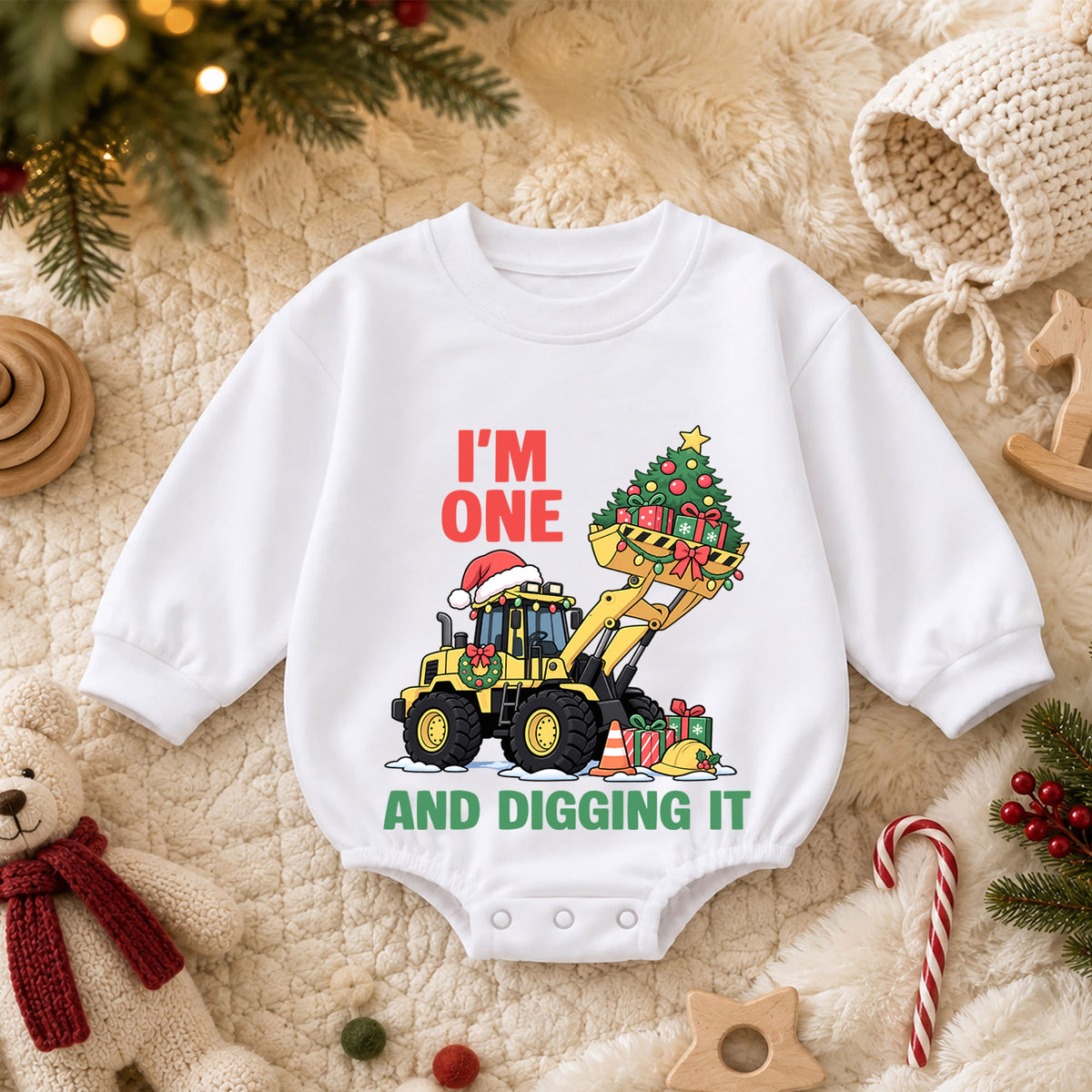 Christmas 1st Birthday Baby Romper, I'm One and Digging It Construction Outfit, Excavator Toddler Romper, Holiday Gift for Boy — product view 3