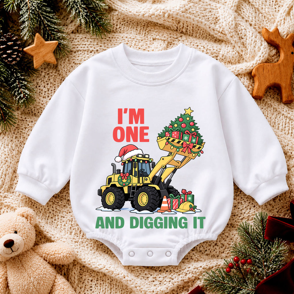 Christmas 1st Birthday Baby Romper, I'm One and Digging It Construction Outfit, Excavator Toddler Romper, Holiday Gift for Boy — product view 4