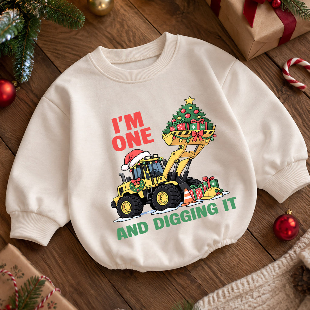 Christmas 1st Birthday Baby Romper, I'm One and Digging It Construction Outfit, Excavator Toddler Romper, Holiday Gift for Boy — product view 5
