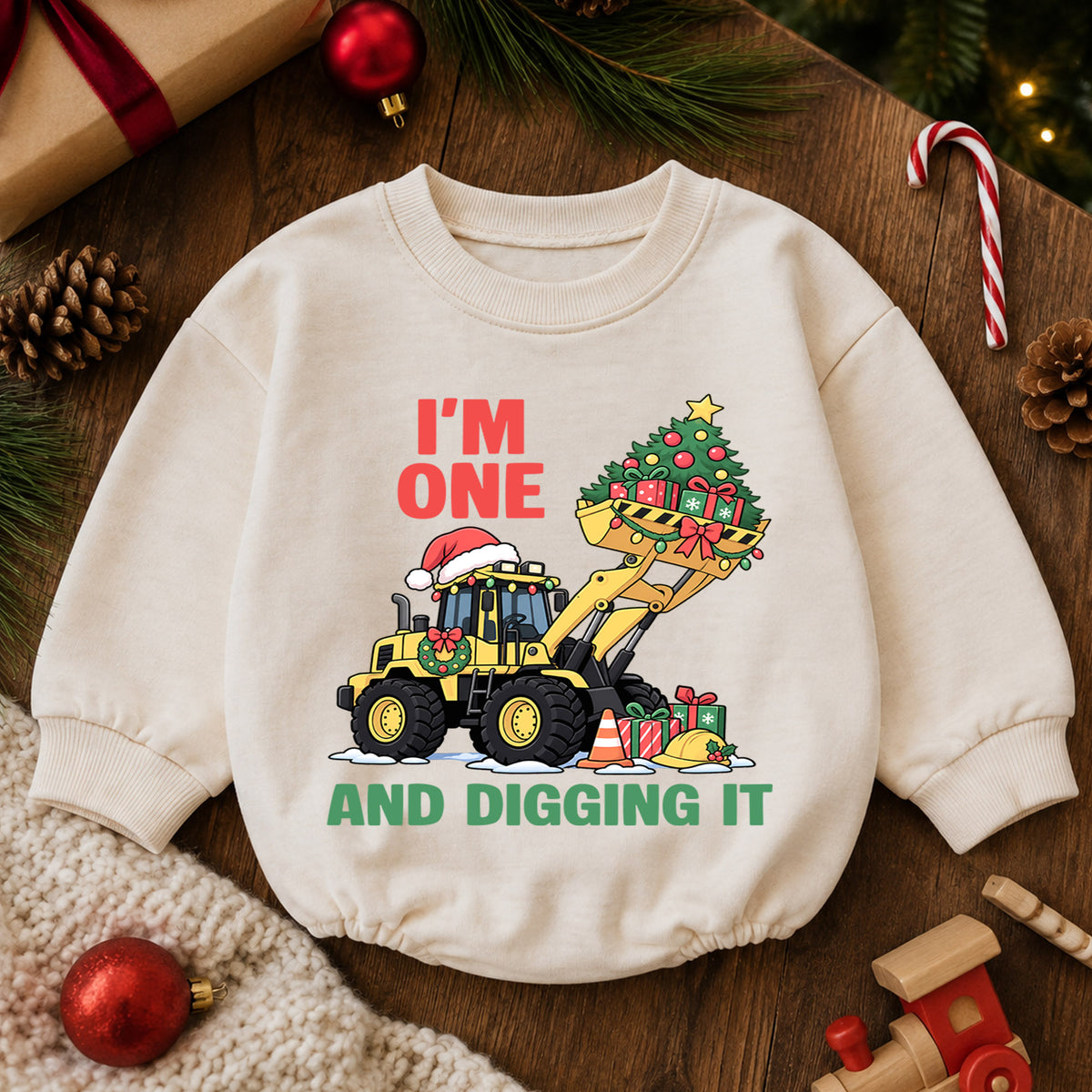 Christmas 1st Birthday Baby Romper, I'm One and Digging It Construction Outfit, Excavator Toddler Romper, Holiday Gift for Boy — product view 6