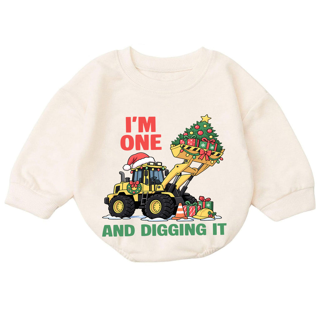 Christmas 1st Birthday Baby Romper, I'm One and Digging It Construction Outfit, Excavator Toddler Romper, Holiday Gift for Boy — product view 7