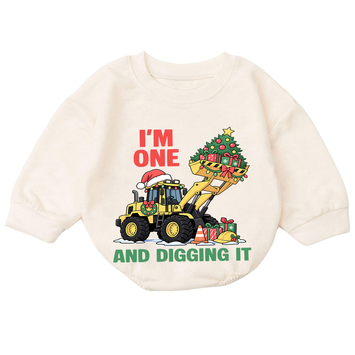 Christmas 1st Birthday Baby Romper, I'm One and Digging It Construction Outfit, Excavator Toddler Romper, Holiday Gift for Boy — product view 7