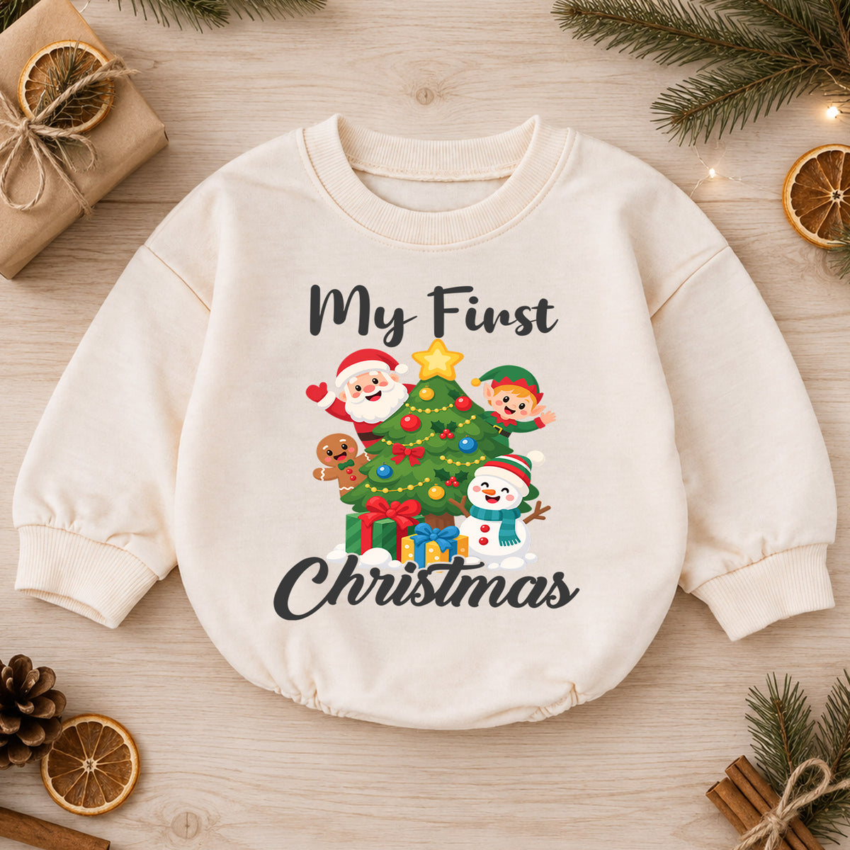 My First Christmas Baby Romper, Santa Elf Snowman Holiday Romper, Baby 1st Christmas & 1st Birthday Outfit, Cute Christmas Keepsake Gift — product view 1