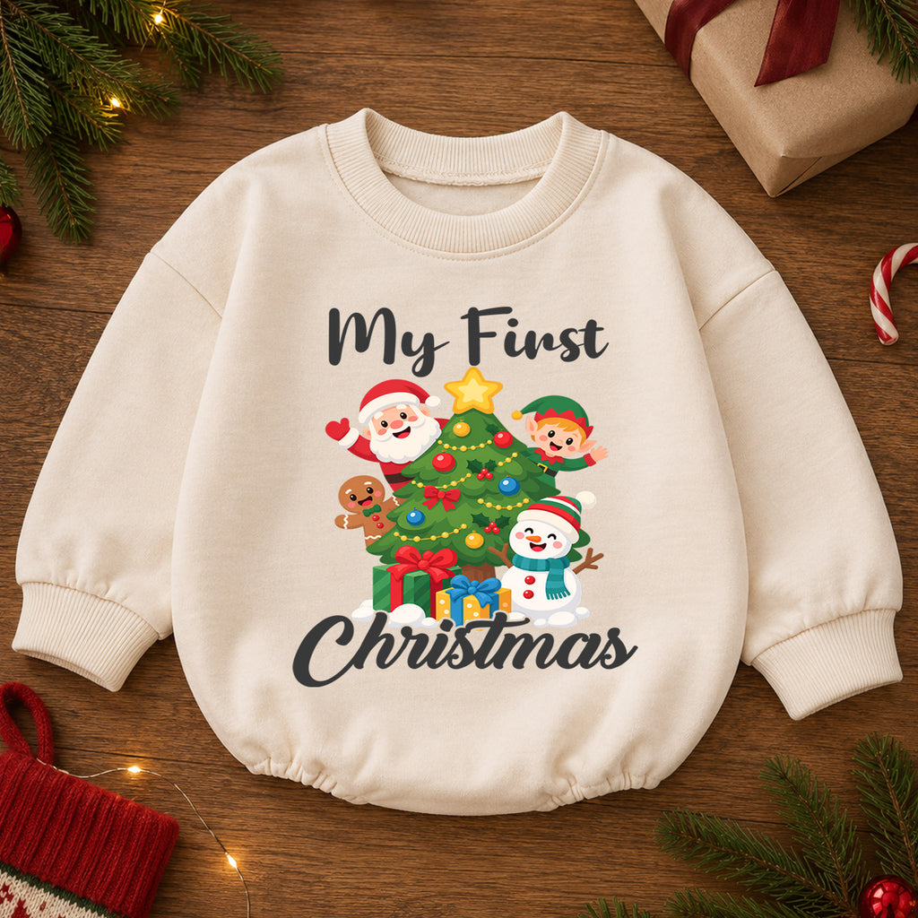 My First Christmas Baby Romper, Santa Elf Snowman Holiday Romper, Baby 1st Christmas & 1st Birthday Outfit, Cute Christmas Keepsake Gift — product view 2