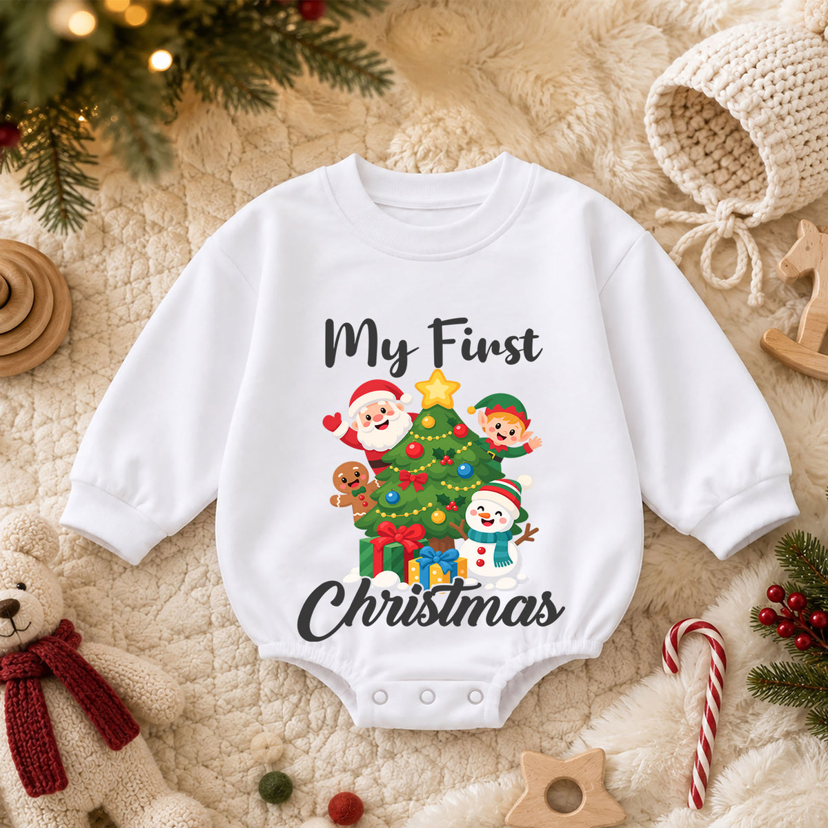 My First Christmas Baby Romper, Santa Elf Snowman Holiday Romper, Baby 1st Christmas & 1st Birthday Outfit, Cute Christmas Keepsake Gift — product view 3