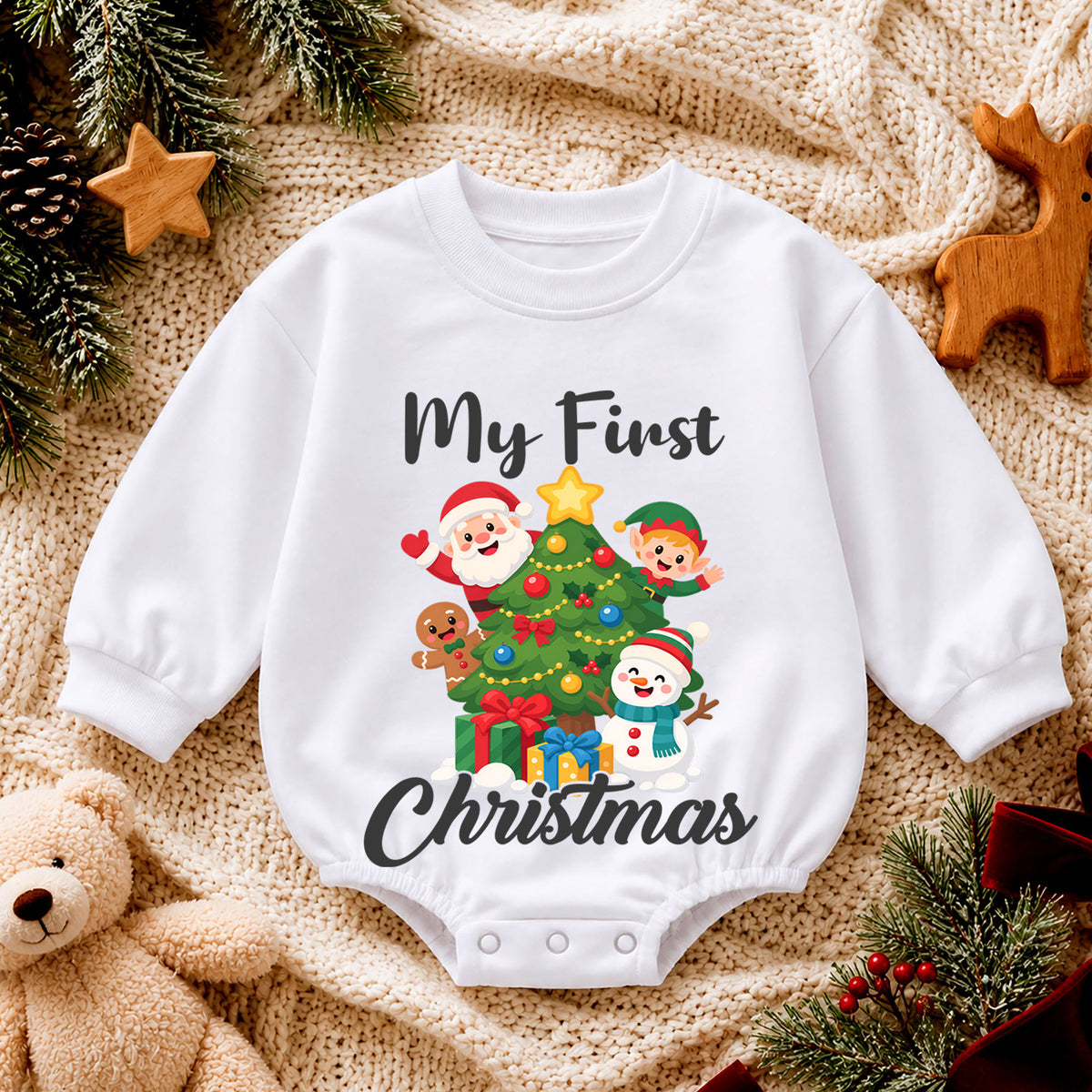 My First Christmas Baby Romper, Santa Elf Snowman Holiday Romper, Baby 1st Christmas & 1st Birthday Outfit, Cute Christmas Keepsake Gift — product view 4