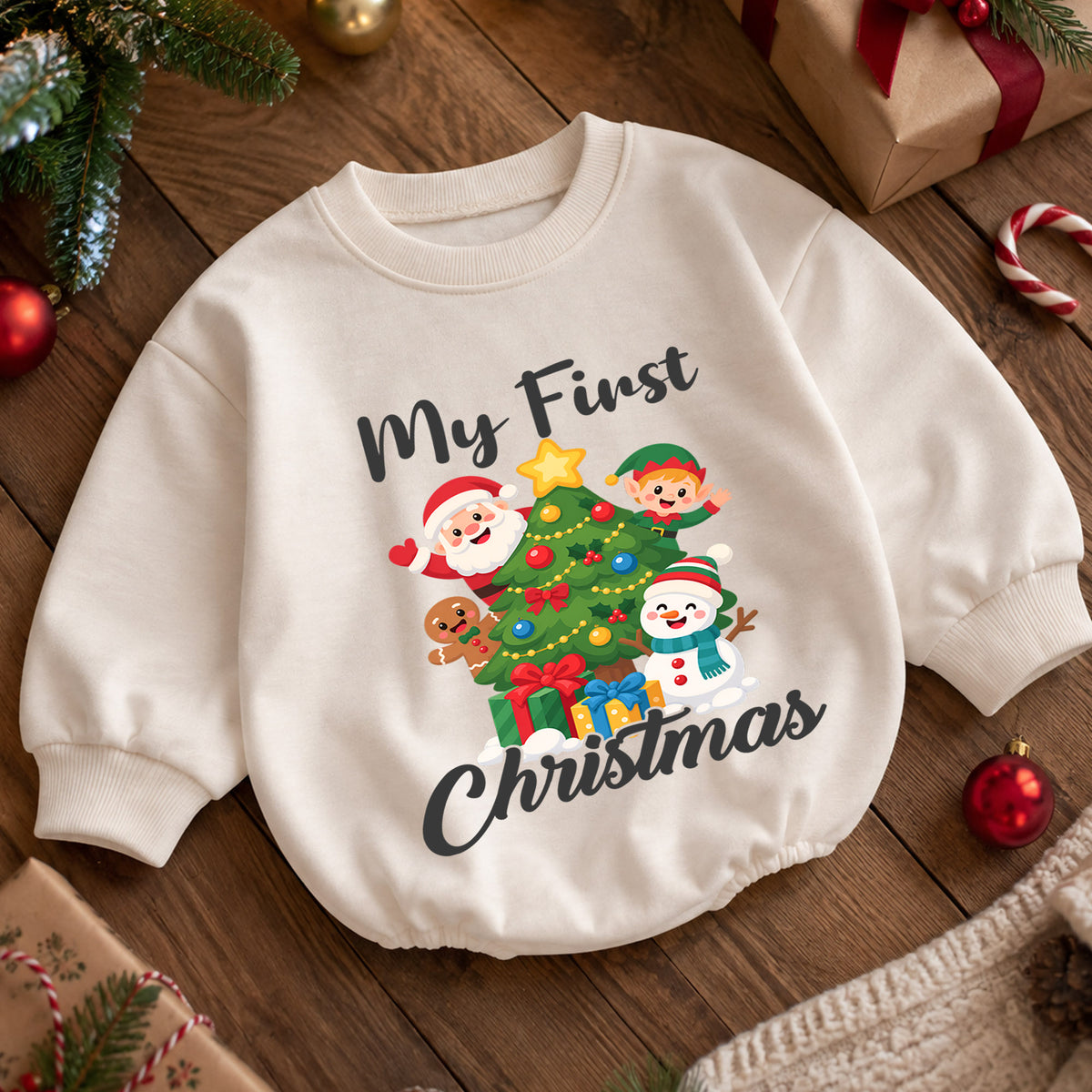 My First Christmas Baby Romper, Santa Elf Snowman Holiday Romper, Baby 1st Christmas & 1st Birthday Outfit, Cute Christmas Keepsake Gift — product view 5