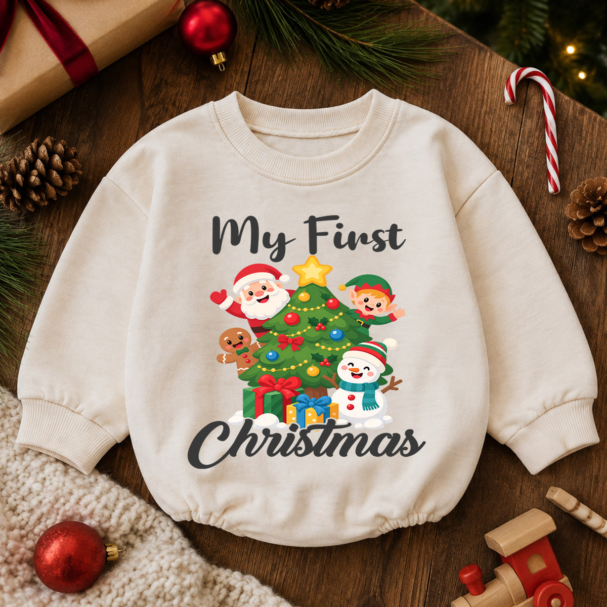 My First Christmas Baby Romper, Santa Elf Snowman Holiday Romper, Baby 1st Christmas & 1st Birthday Outfit, Cute Christmas Keepsake Gift — product view 6