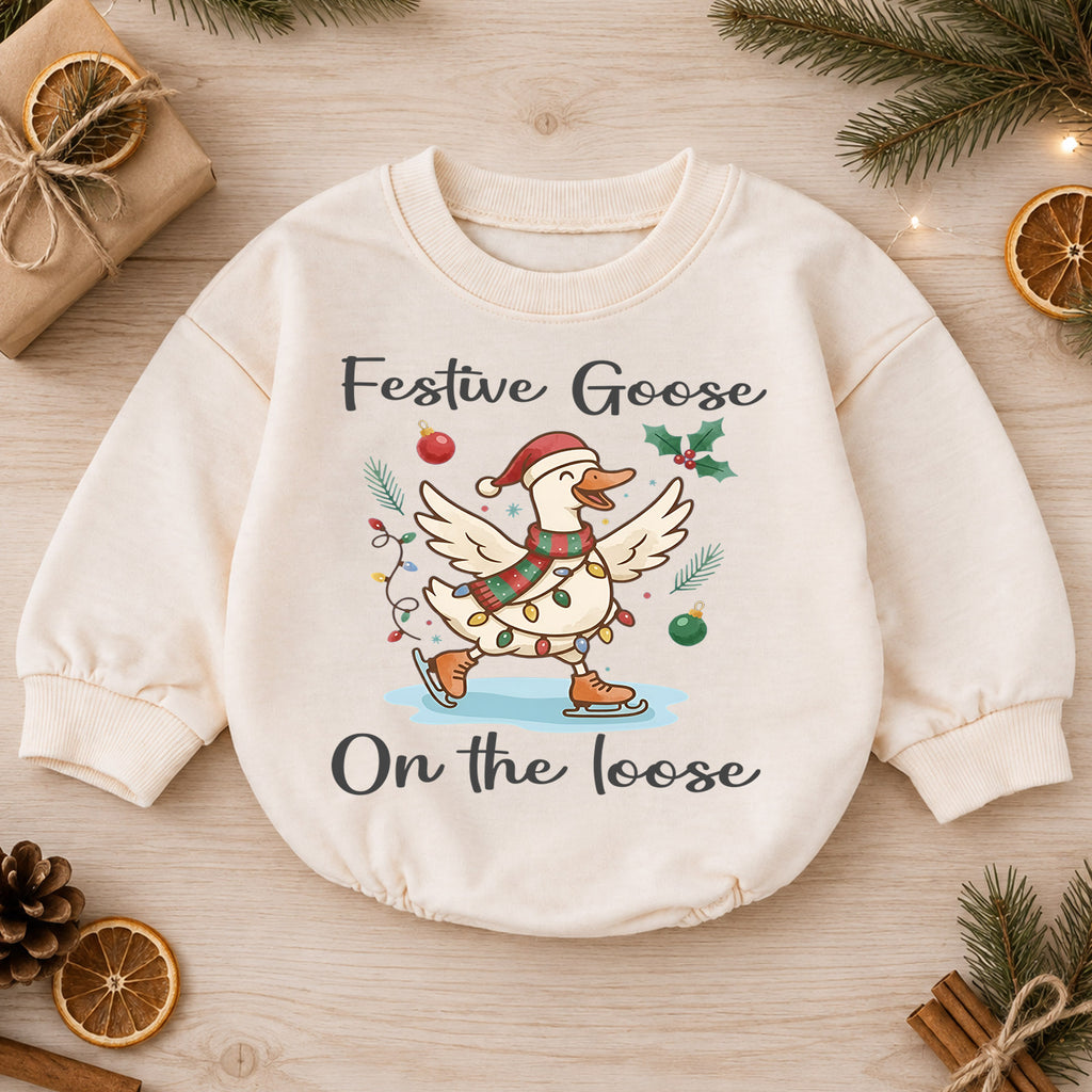 Festive Goose on the Loose Baby Romper, Skating Christmas Goose Outfit, Funny Toddler Holiday Romper, 1st Christmas Gift — product view 1