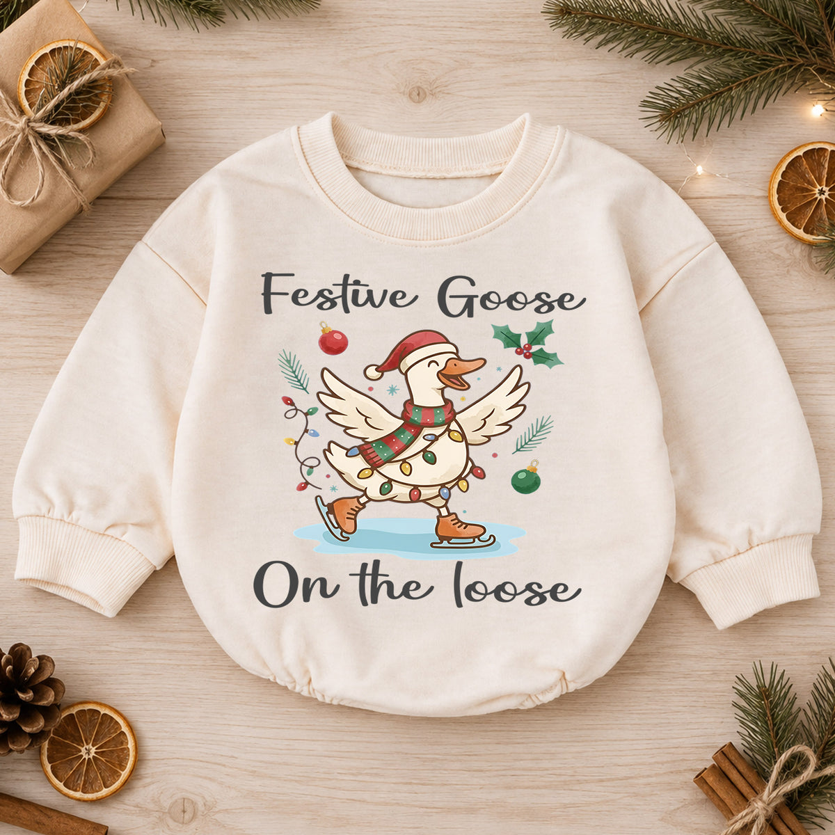Festive Goose on the Loose Baby Romper, Skating Christmas Goose Outfit, Funny Toddler Holiday Romper, 1st Christmas Gift — product view 1