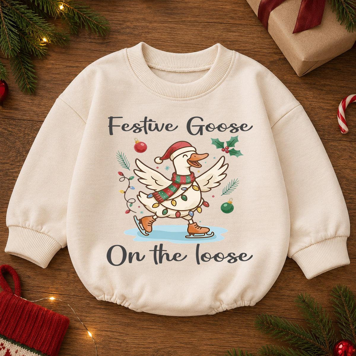 Festive Goose on the Loose Baby Romper, Skating Christmas Goose Outfit, Funny Toddler Holiday Romper, 1st Christmas Gift — product view 2