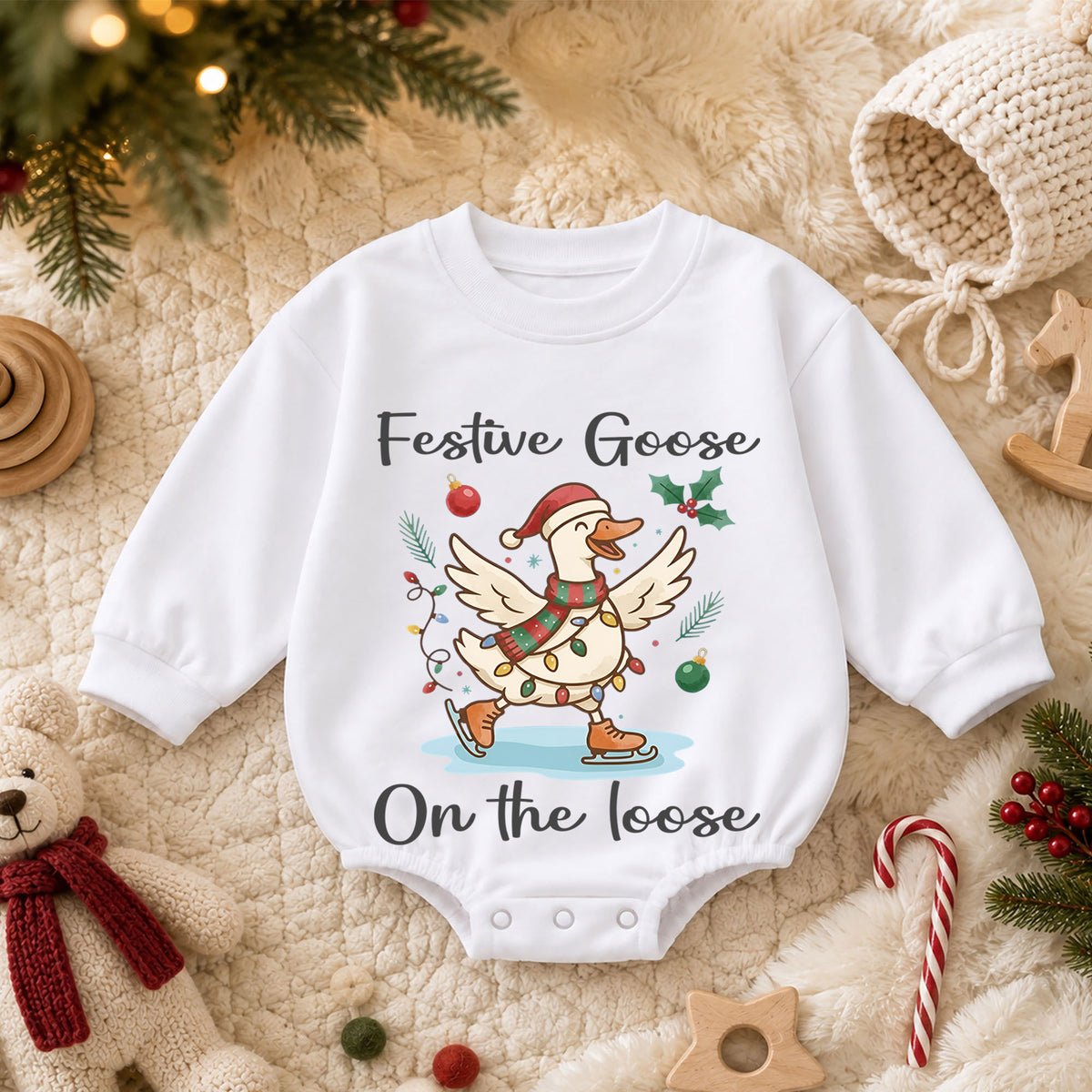Festive Goose on the Loose Baby Romper, Skating Christmas Goose Outfit, Funny Toddler Holiday Romper, 1st Christmas Gift — product view 3