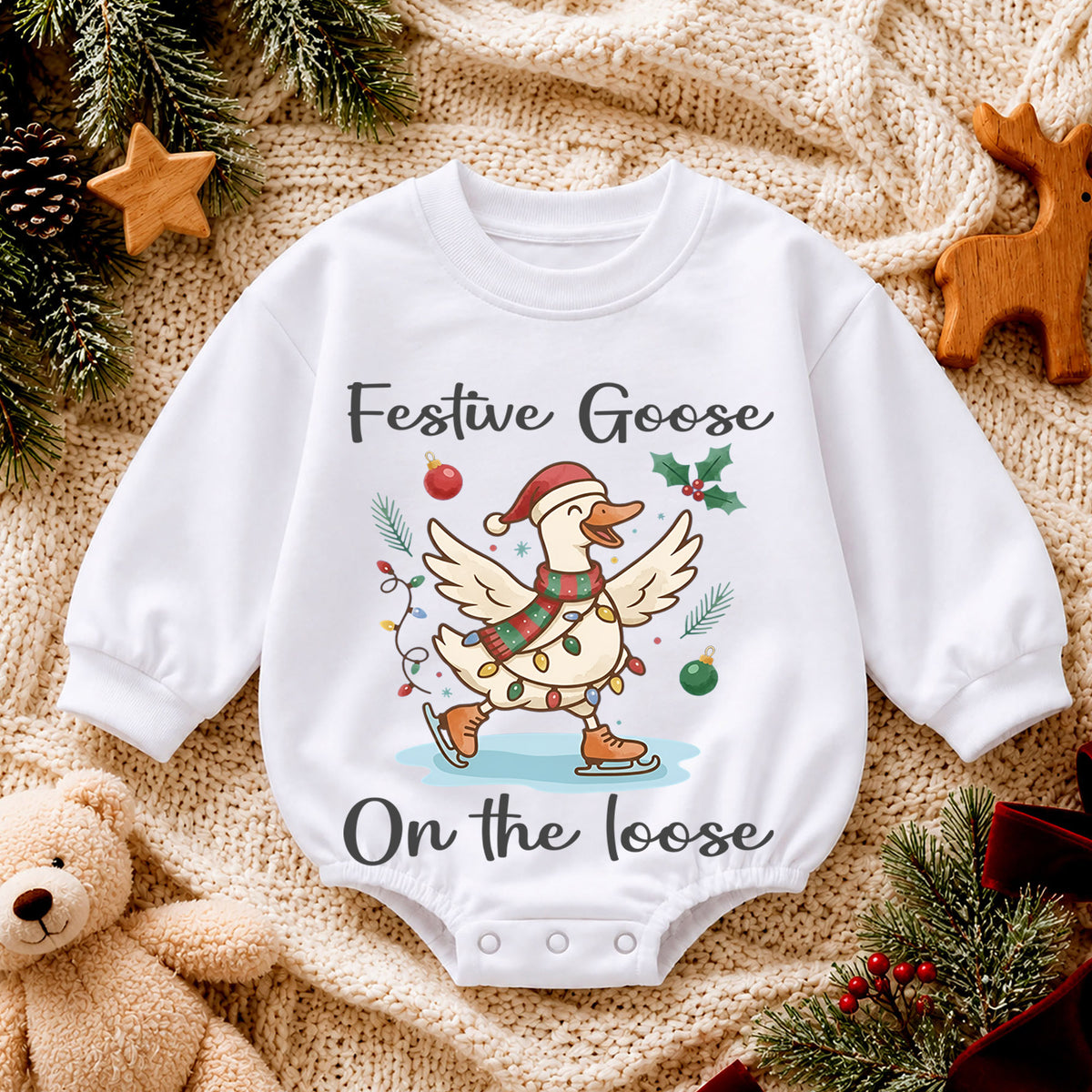 Festive Goose on the Loose Baby Romper, Skating Christmas Goose Outfit, Funny Toddler Holiday Romper, 1st Christmas Gift — product view 4