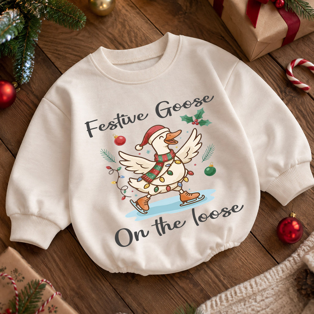 Festive Goose on the Loose Baby Romper, Skating Christmas Goose Outfit, Funny Toddler Holiday Romper, 1st Christmas Gift — product view 5