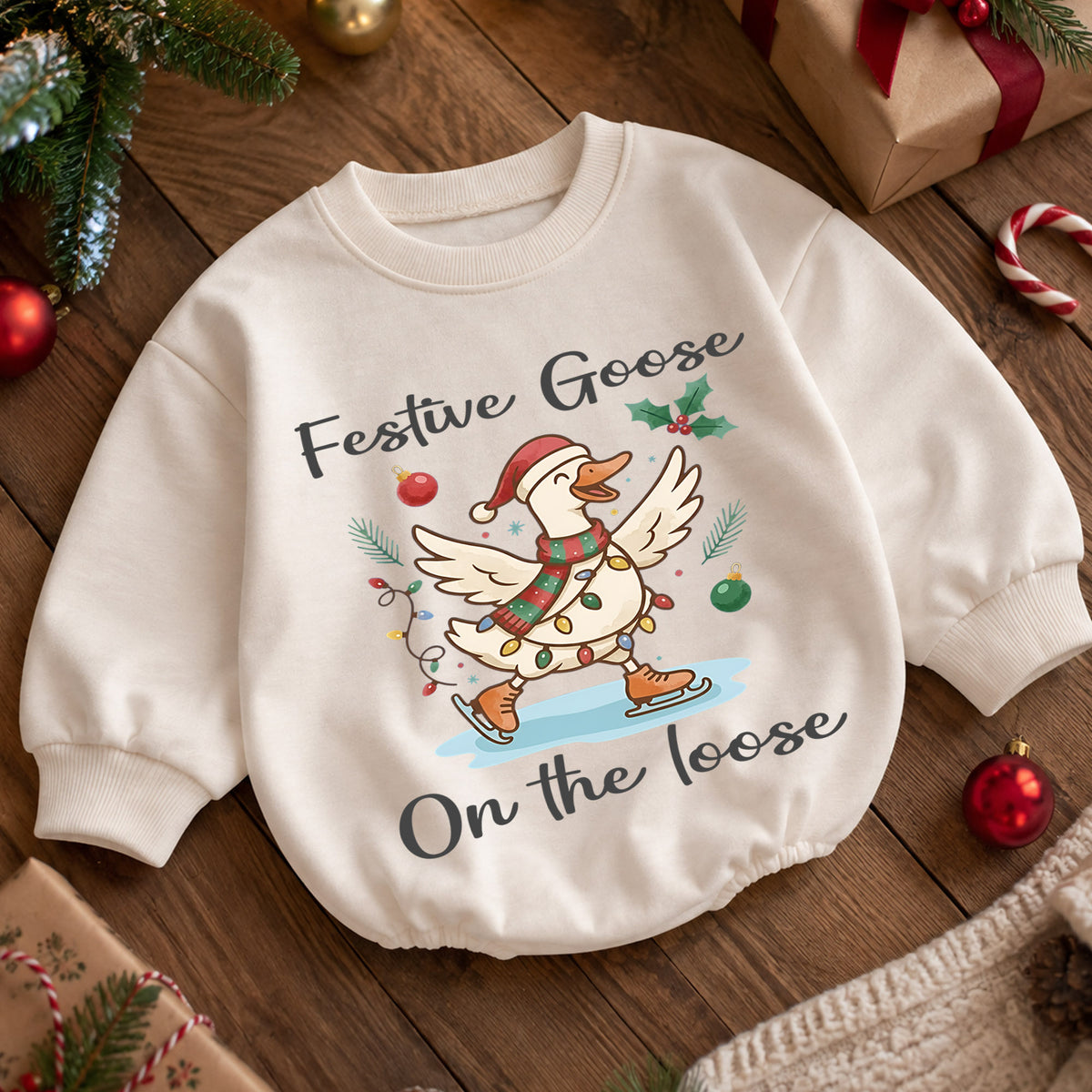 Festive Goose on the Loose Baby Romper, Skating Christmas Goose Outfit, Funny Toddler Holiday Romper, 1st Christmas Gift — product view 5