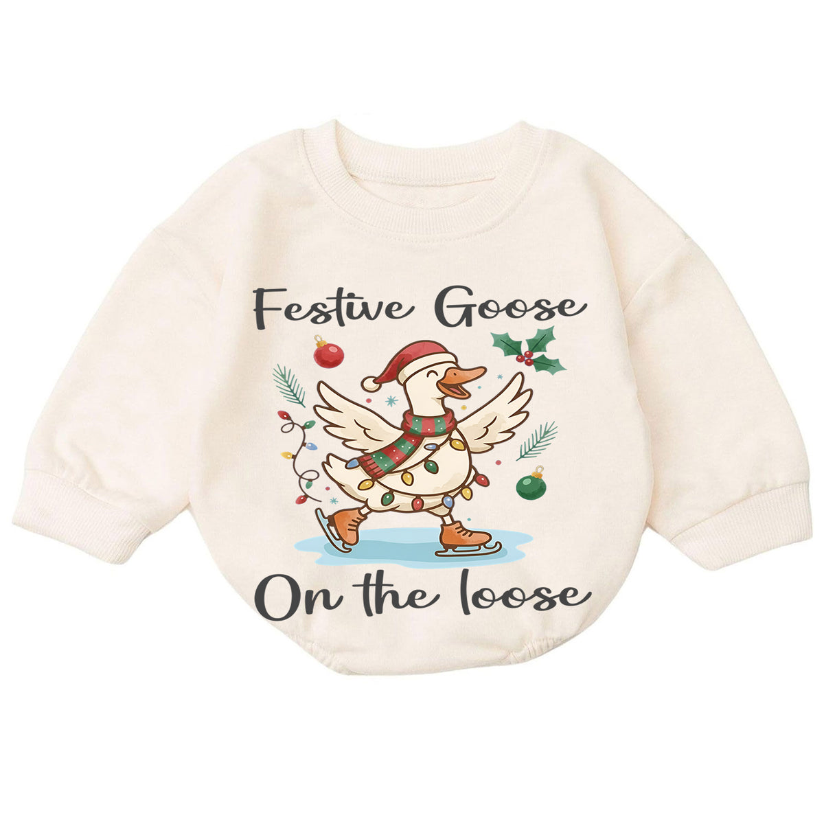 Festive Goose on the Loose Baby Romper, Skating Christmas Goose Outfit, Funny Toddler Holiday Romper, 1st Christmas Gift — product view 7