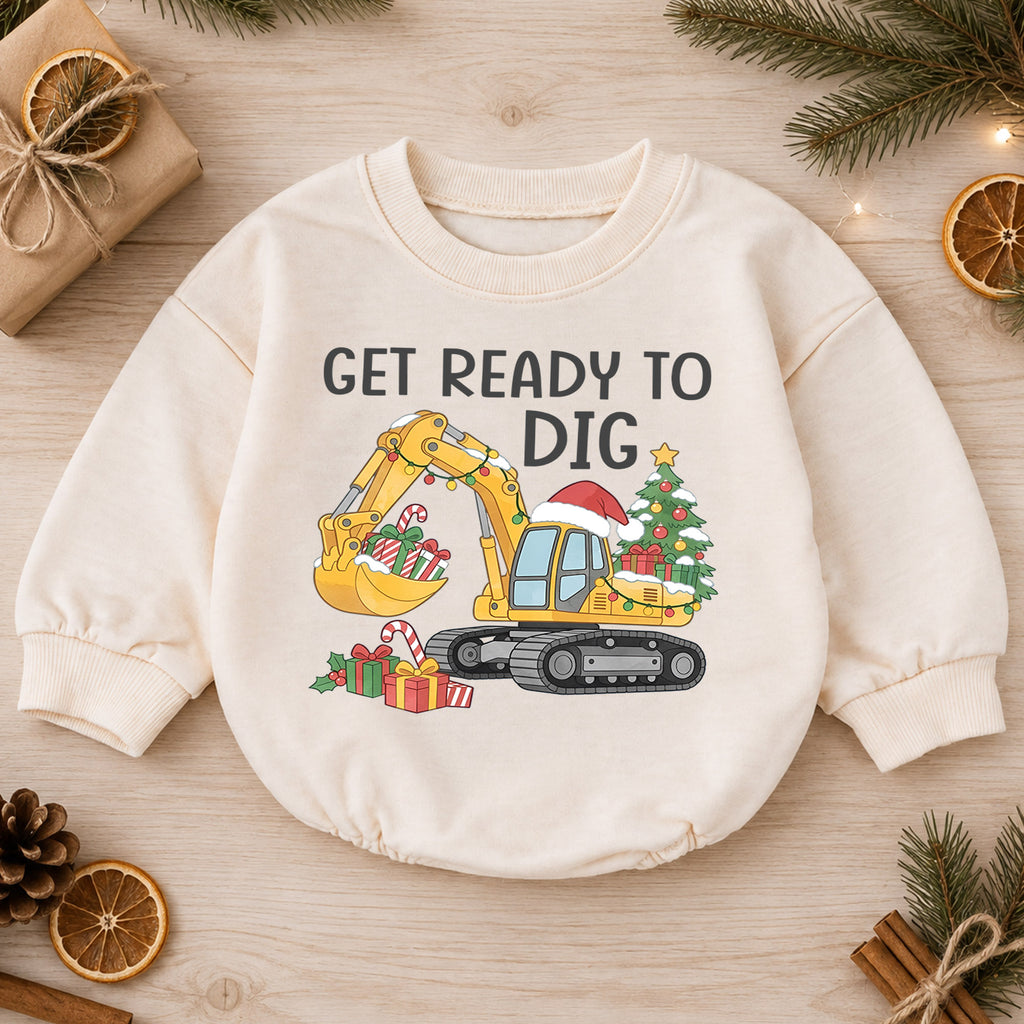 Get Ready to Dig Christmas Baby Romper, Excavator Holiday Outfit, Construction Toddler Romper, Cute Christmas Gift for Boys — product view 1