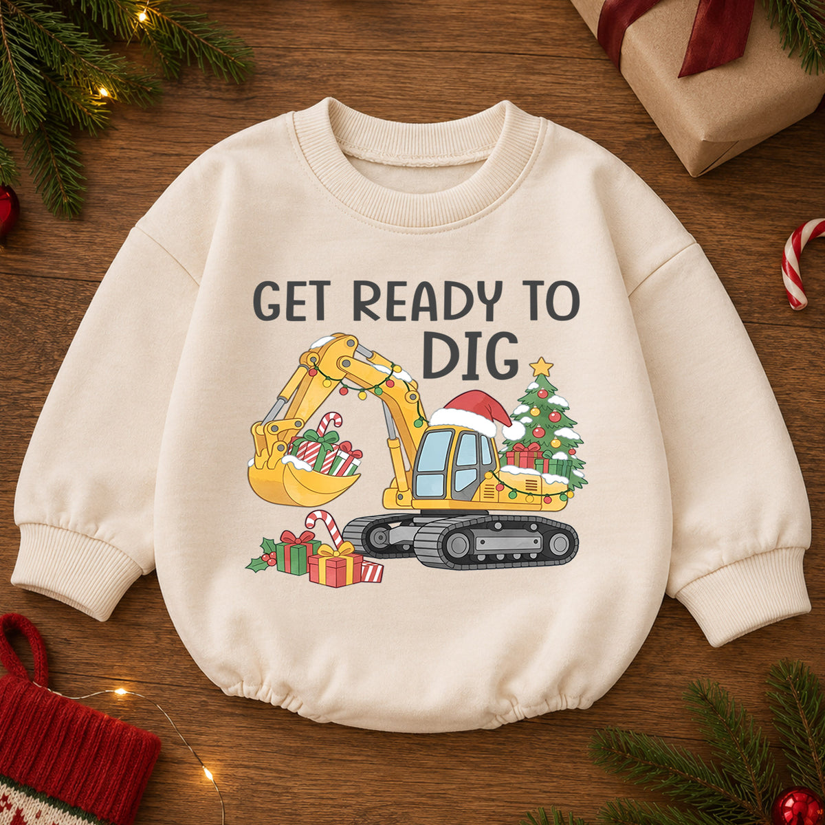 Get Ready to Dig Christmas Baby Romper, Excavator Holiday Outfit, Construction Toddler Romper, Cute Christmas Gift for Boys — product view 2