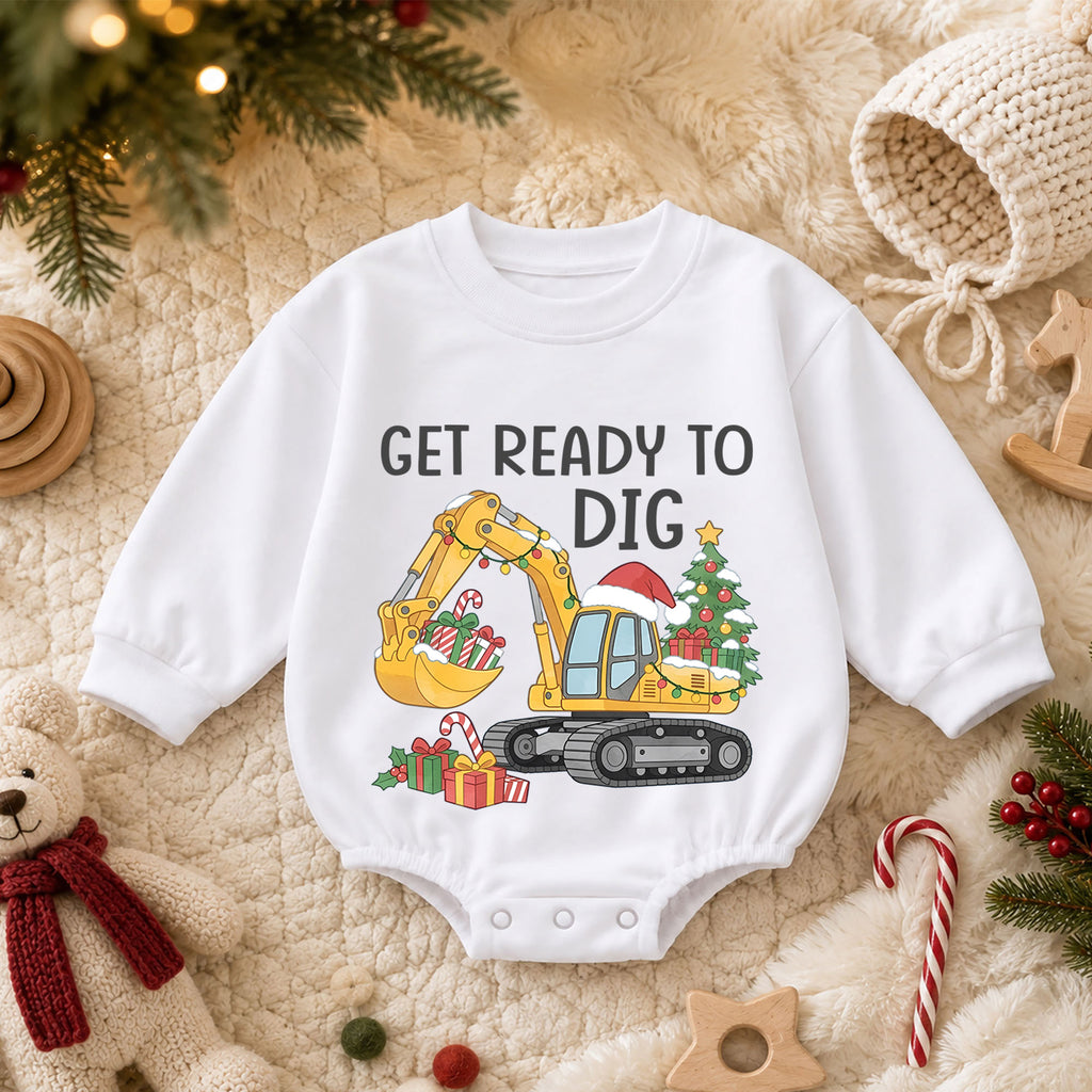 Get Ready to Dig Christmas Baby Romper, Excavator Holiday Outfit, Construction Toddler Romper, Cute Christmas Gift for Boys — product view 3