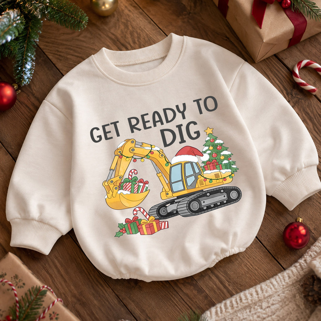 Get Ready to Dig Christmas Baby Romper, Excavator Holiday Outfit, Construction Toddler Romper, Cute Christmas Gift for Boys — product view 5