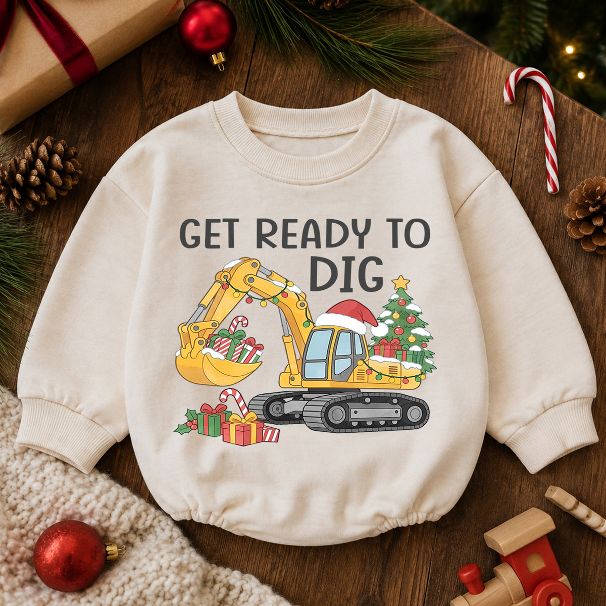 Get Ready to Dig Christmas Baby Romper, Excavator Holiday Outfit, Construction Toddler Romper, Cute Christmas Gift for Boys — product view 6