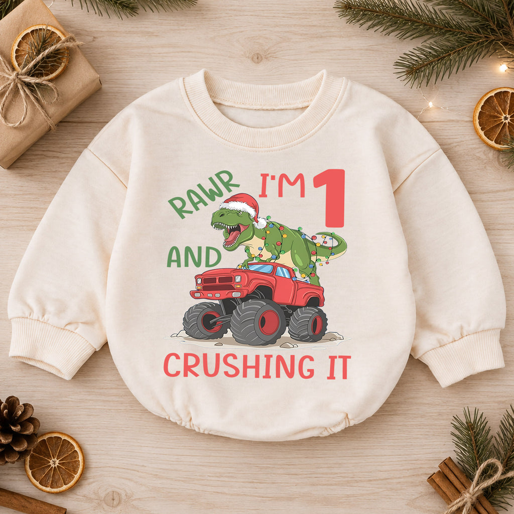 Dinosaur 1st Birthday Christmas Baby Romper, T Rex Monster Truck Outfit, Rawr I'm One Toddler Romper, Holiday Gift for Boys — product view 1