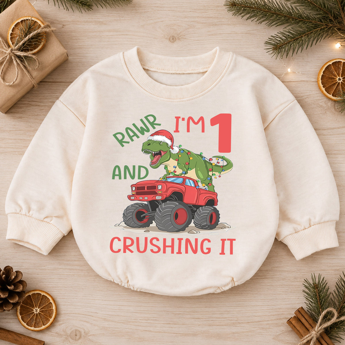 Dinosaur 1st Birthday Christmas Baby Romper, T Rex Monster Truck Outfit, Rawr I'm One Toddler Romper, Holiday Gift for Boys — product view 1