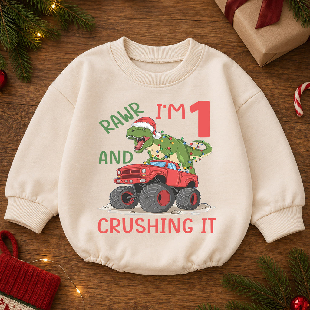 Dinosaur 1st Birthday Christmas Baby Romper, T Rex Monster Truck Outfit, Rawr I'm One Toddler Romper, Holiday Gift for Boys — product view 2