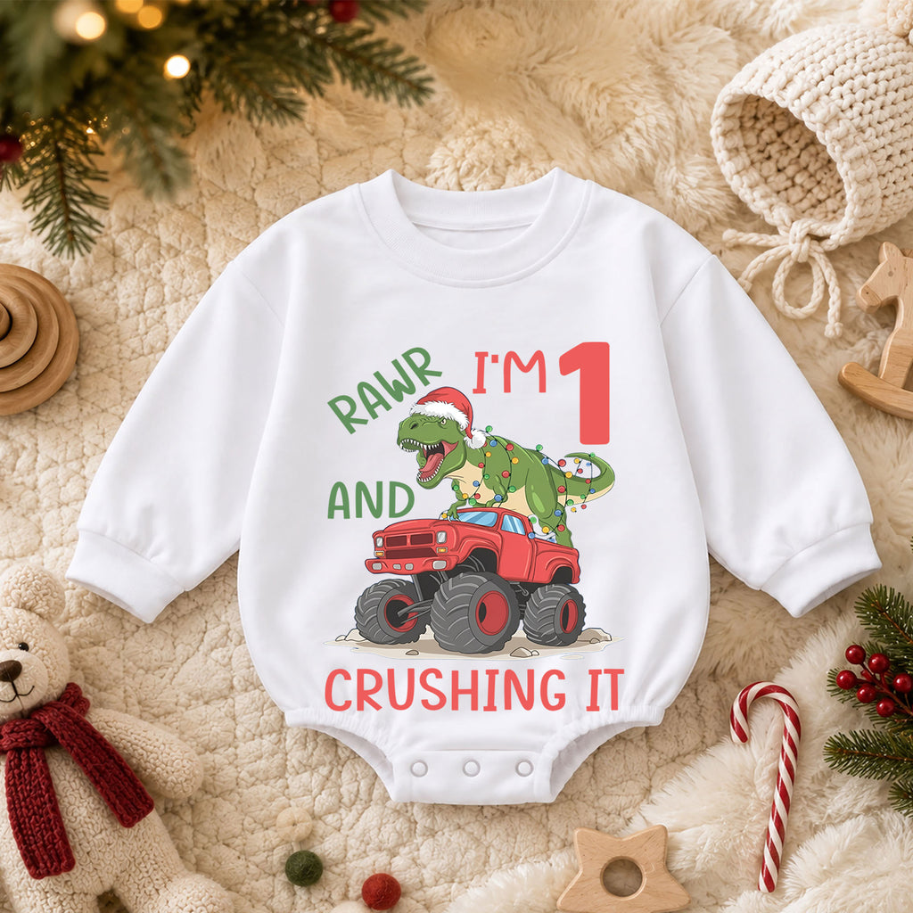 Dinosaur 1st Birthday Christmas Baby Romper, T Rex Monster Truck Outfit, Rawr I'm One Toddler Romper, Holiday Gift for Boys — product view 3