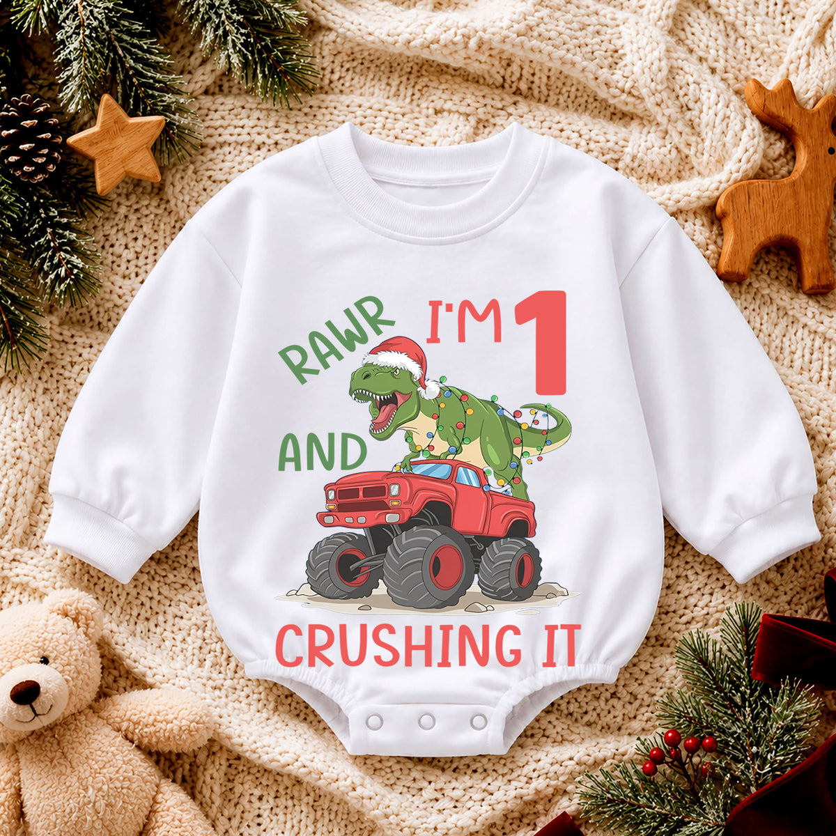 Dinosaur 1st Birthday Christmas Baby Romper, T Rex Monster Truck Outfit, Rawr I'm One Toddler Romper, Holiday Gift for Boys — product view 4