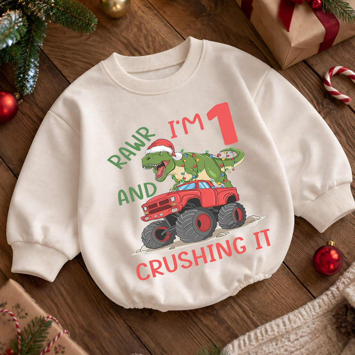 Dinosaur 1st Birthday Christmas Baby Romper, T Rex Monster Truck Outfit, Rawr I'm One Toddler Romper, Holiday Gift for Boys — product view 5