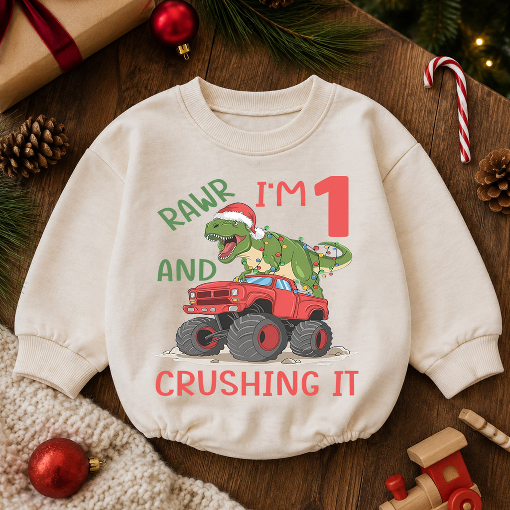 Dinosaur 1st Birthday Christmas Baby Romper, T Rex Monster Truck Outfit, Rawr I'm One Toddler Romper, Holiday Gift for Boys — product view 6